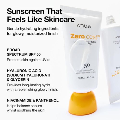 Anua Zero-Cast Moisturizing Finish Sunscreen,SPF 50, Glow Natural Sunscreen 50ml